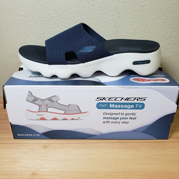 Skechers Women's Size 9.5 Massage Fit Arch Comfort Slide Sandal Blue White NWT - Picture 1 of 16